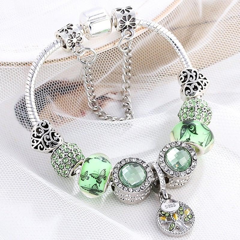 Pulsera en plata de ley y cristal verde