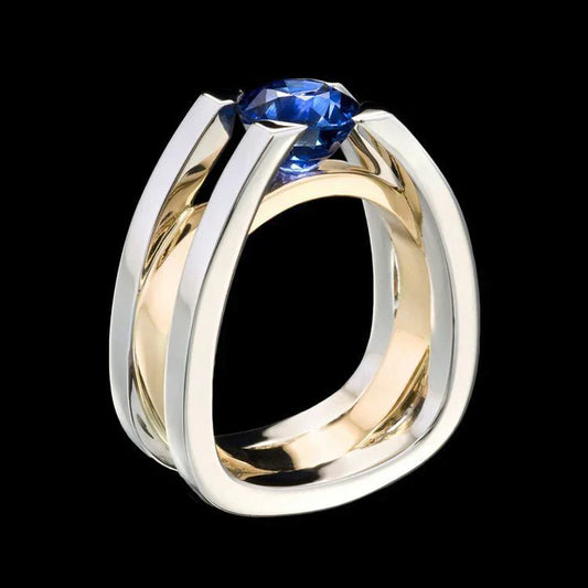 Anillo vintage de circonia azul en oro y plata