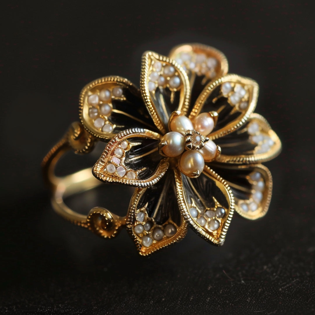 Anillo de Perla de Oro y Flor de Cerezo