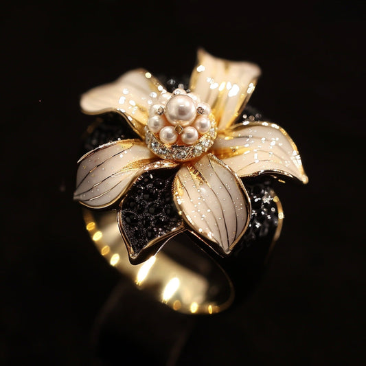 Anillo de Flor Abierta con Perla de Oro