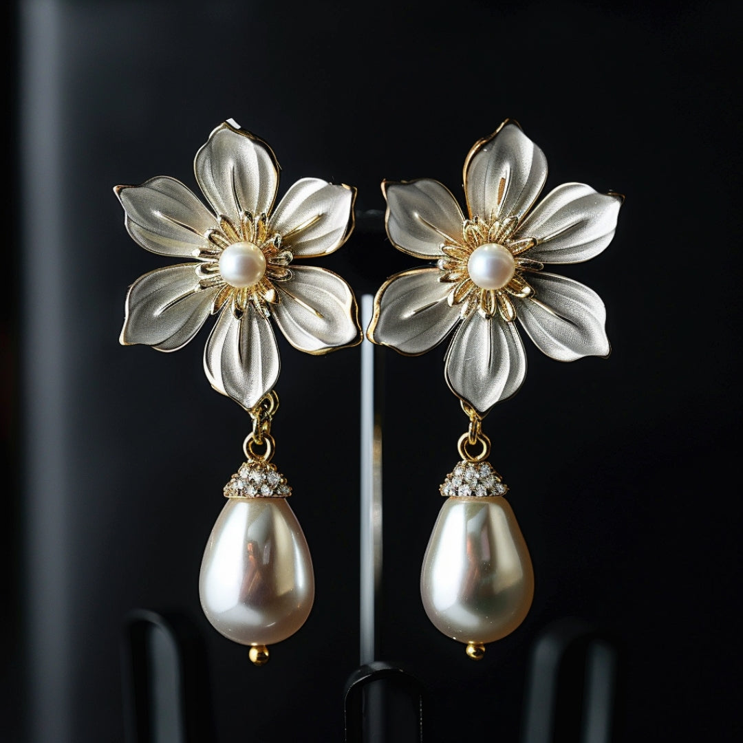 Pendientes de Perlas con Flor Colgante