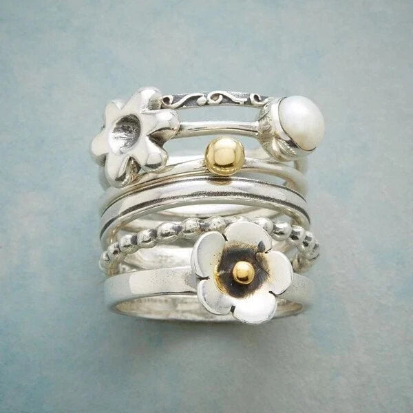 Conjunto de anillo de perlas con flores