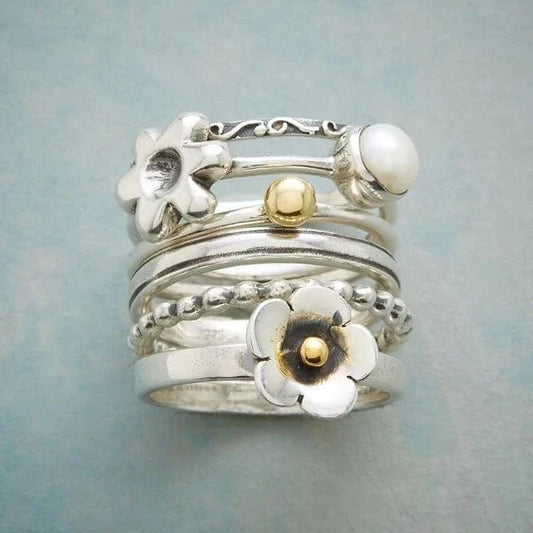 Conjunto de anillo de perlas con flores
