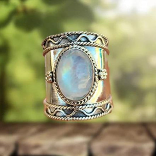 Anillo de banda ancha con piedra lunar bohemia