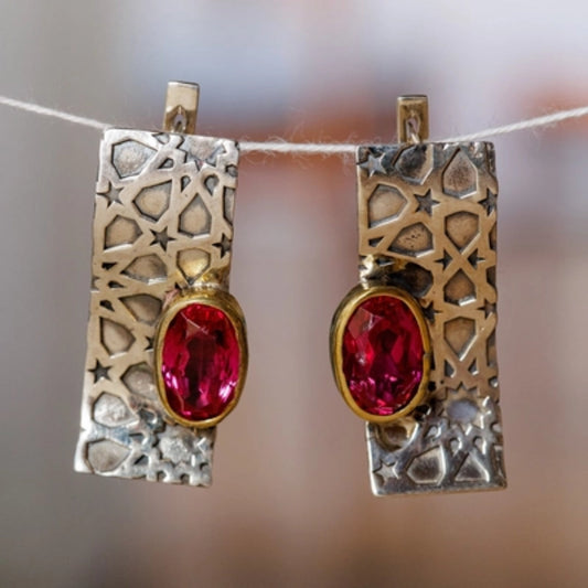Pendientes Vintage de Zircón Rojo en Oro y Plata