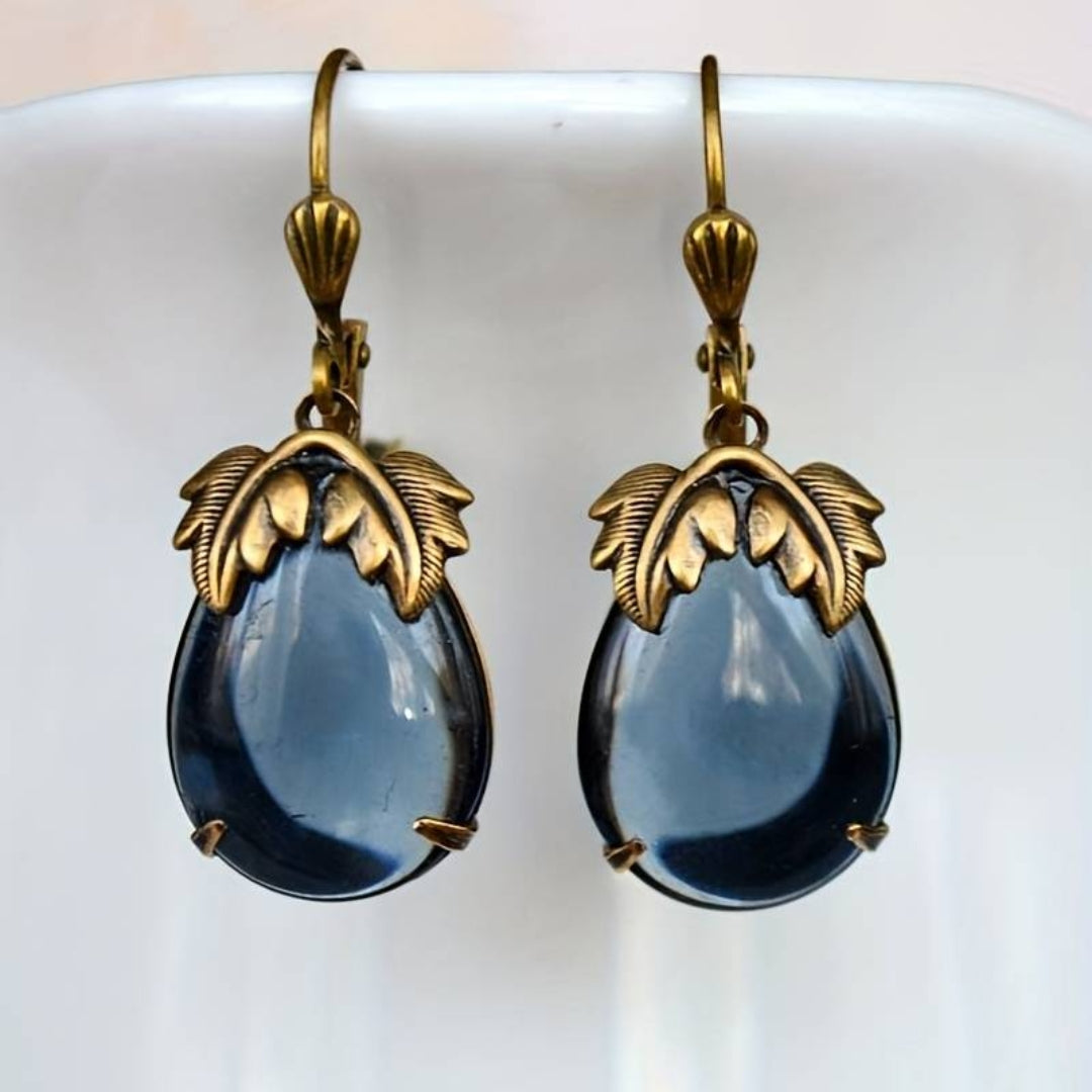 Pendientes de oro con gotas de cristales azules vintage