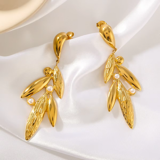 Pendientes de Perla con Hoja Dorada Vintage