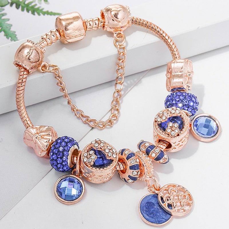 Pulsera en plata rosa y azul con cristales