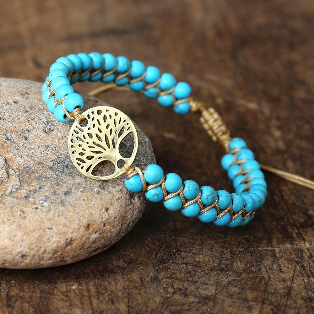 Pulsera Árbol de la Vida hecha a mano con piedra turquesa