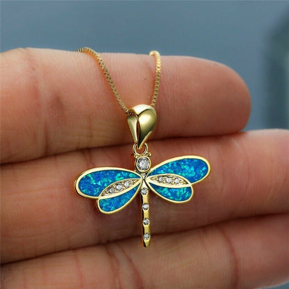 Collar de libélula en oro con ópalo