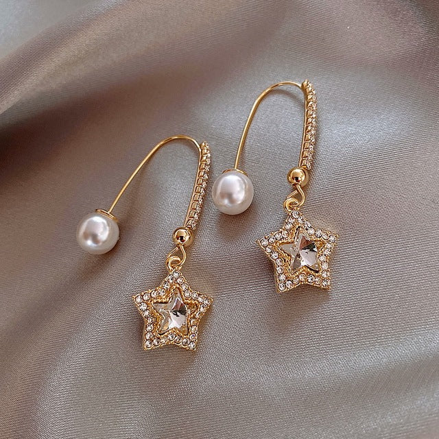 Pendientes de Estrella de Cristal con Perlas en Oro