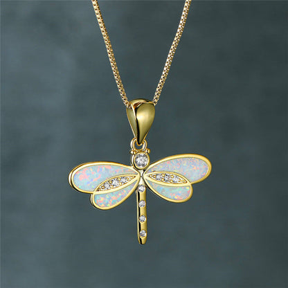 Collar de libélula en oro con ópalo
