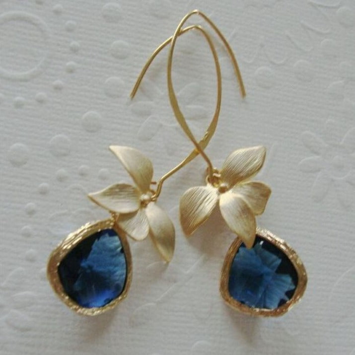 Pendientes Vintage de Flor de Oro y Azul