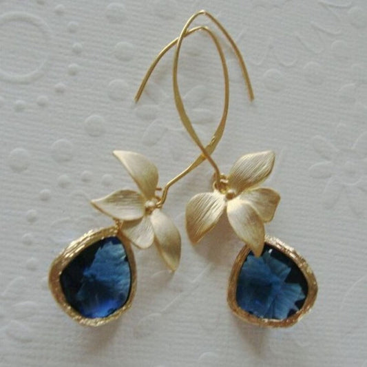 Pendientes Vintage de Flor de Oro y Azul