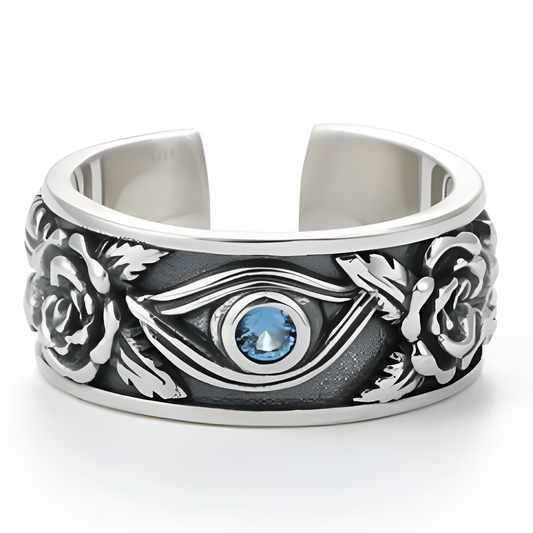 Anillo de ojo gótico plateado con tallados en forma de rosa
