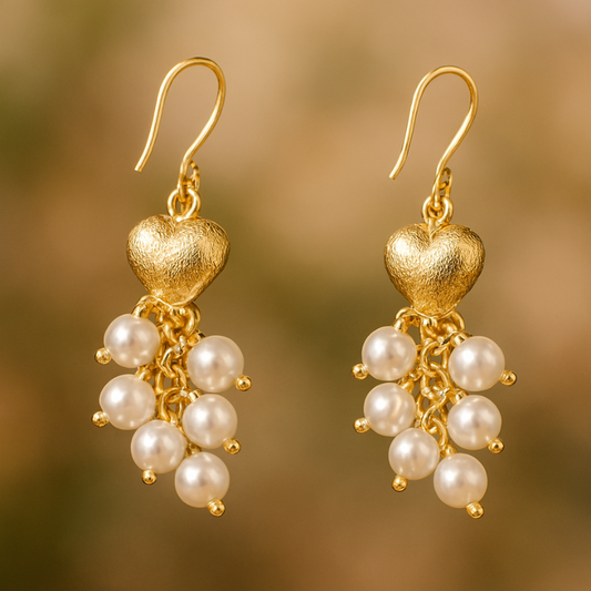 Pendientes de Oro con Corazón y Cuentas de Perla