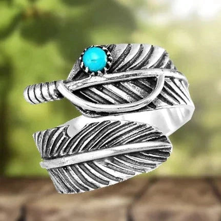 Anillo ajustable de pluma boho con turquesa
