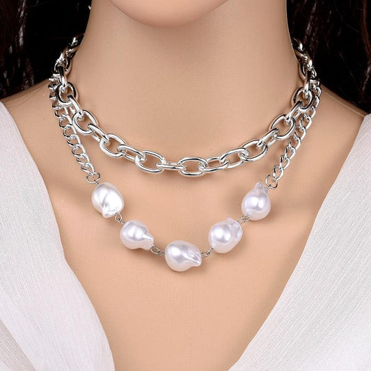Collar de plata con perlas y cadena vintage
