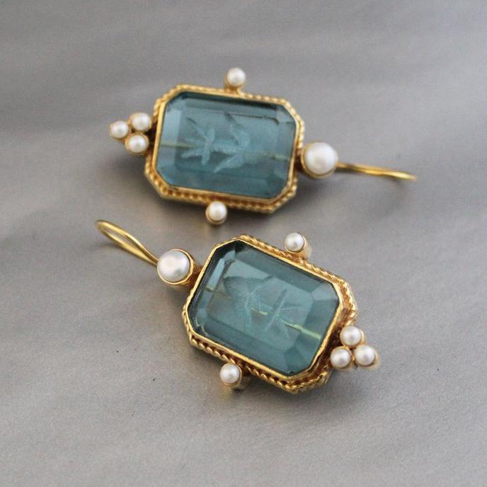 Pendientes de Perla y Piedra Azul Vintage