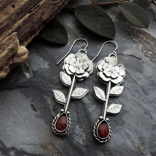 Pendientes de Cristal y Plata con Rosa Vintage y Rojo