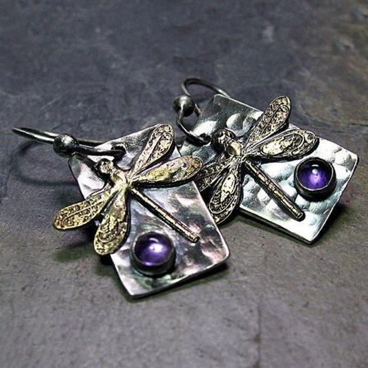 Pendientes vintage de cristal morado con libélula