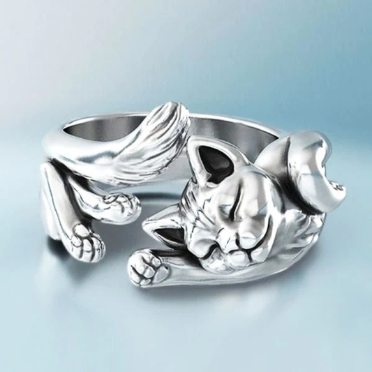 Anillo ajustable vintage de plata con gato