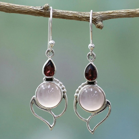 Pendientes Vintage de Cristal Rojo y Piedra Luna