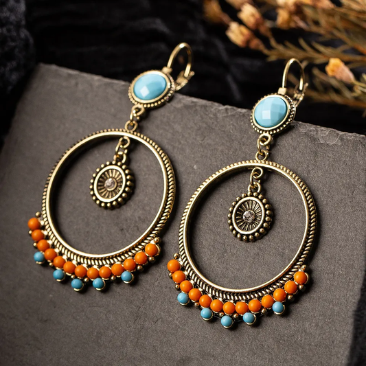 Pendientes Vintage de Piedra Naranja y Azul