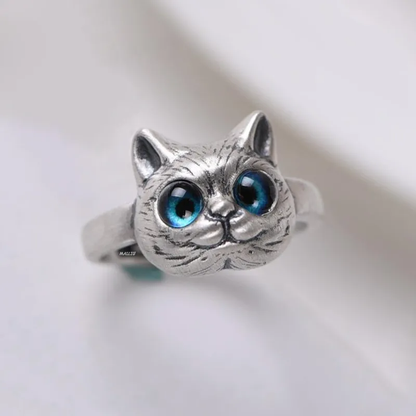 Anillo Vintage Felicidad Gato Plateado