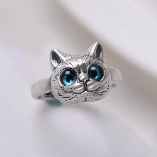 Anillo Vintage Felicidad Gato Plateado