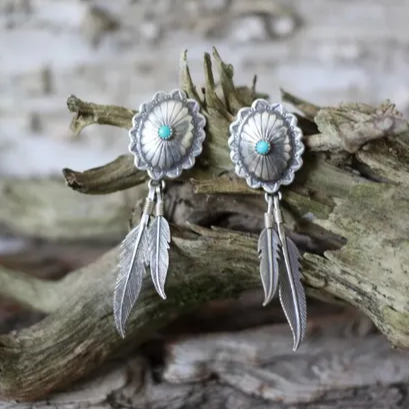 Pendientes vintage de pluma y turquesa