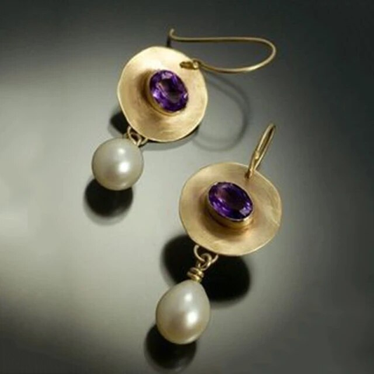 Pendientes vintage de zircón púrpura dorado con perlas