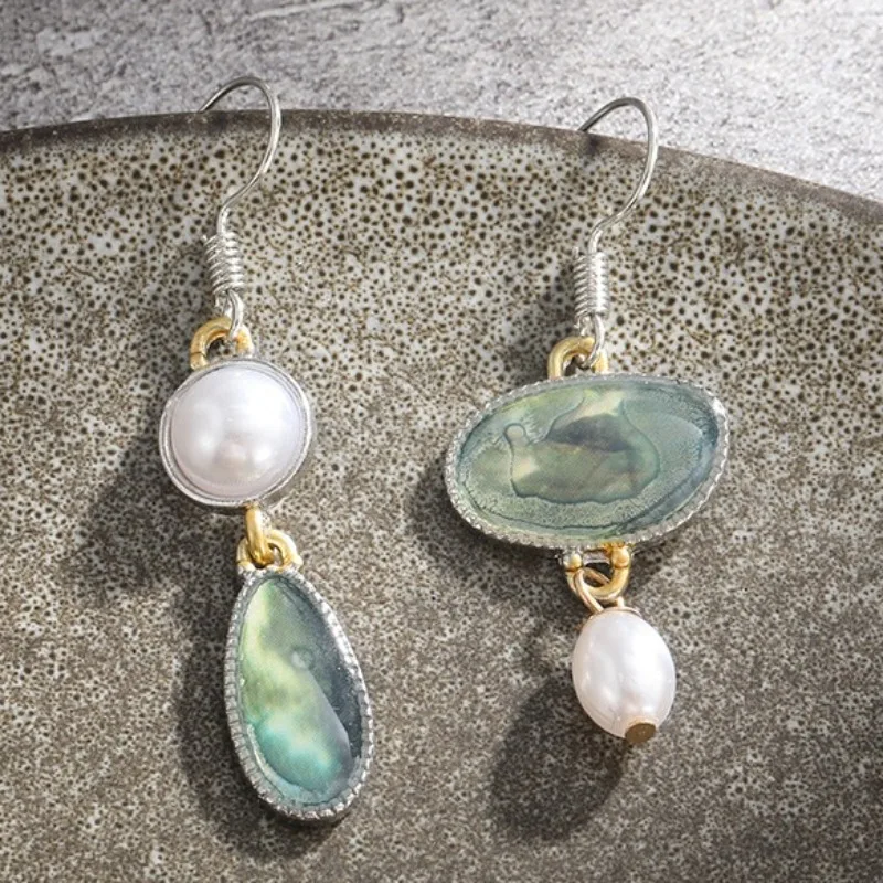 Pendientes vintage de piedra natural verde y perla