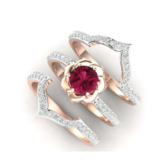 Conjunto de anillos vintage con circonia y cristales rojos