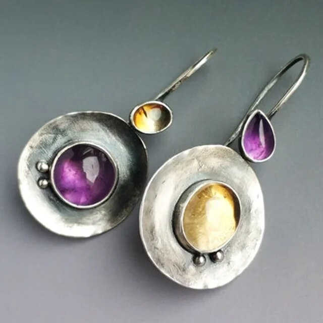 Pendientes vintage de cristales violetas y amarillos