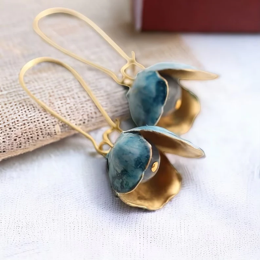 Pendientes dorados de loto azul vintage