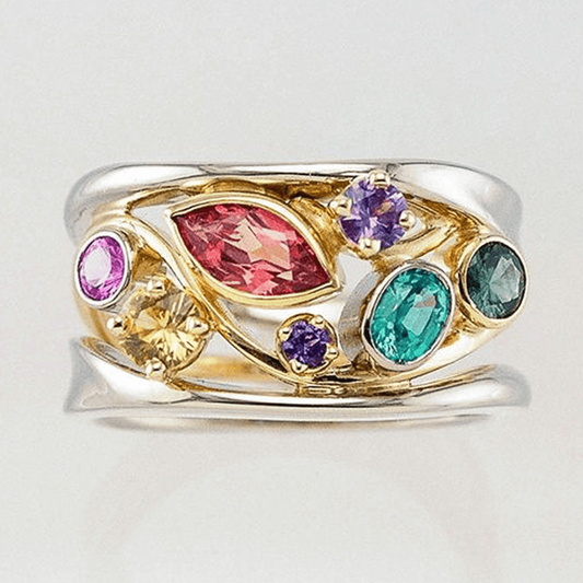 Anillo vintage de zirconia de colores en oro y plata