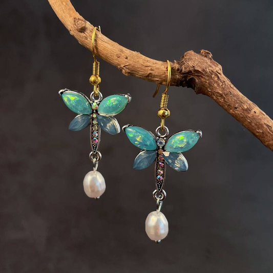 Pendientes de Mariposa con Perla y Ópalo Verde Vintage
