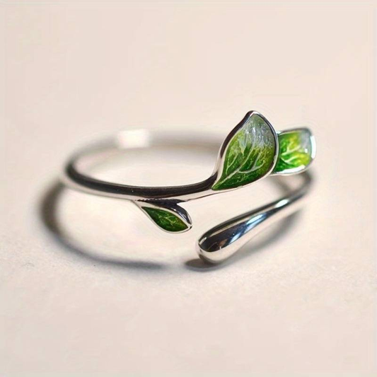 Anillo de hoja de esmalte verde vintage