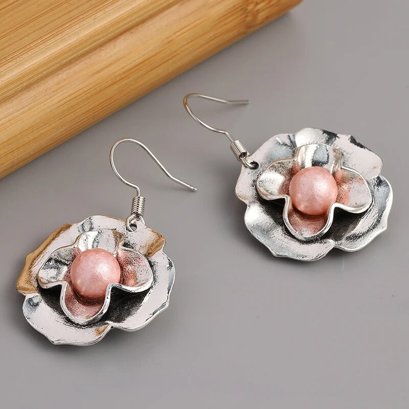Pendientes de Flor de Perla Rosa Vintage