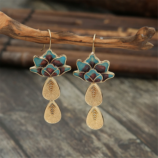 Pendientes Vintage de Loto Dorado Azul