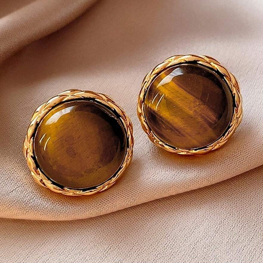 Pendientes redondos de piedra brillante marrón vintage
