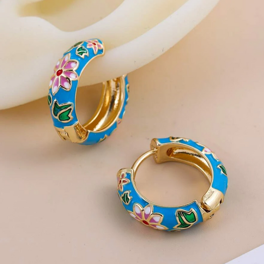 Pendientes de aro con flores azules vintage