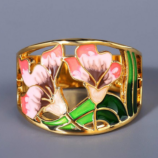 Anillo vintage de flor con esmalte dorado