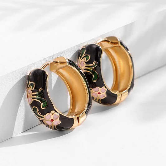Pendientes de aro vintage con esmalte negro