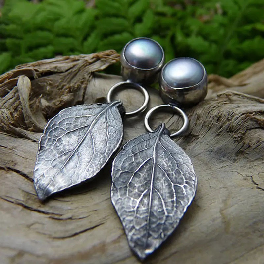 Pendientes Vintage con Incrustaciones de Plata, Perlas y Hoja