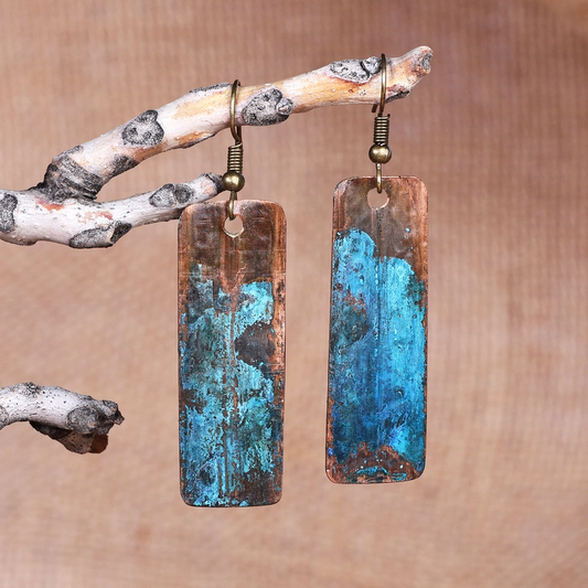 Pendientes rectangulares vintage en azul y bronce