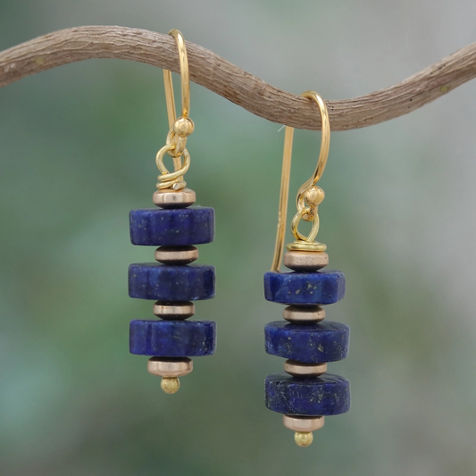 Pendientes Dorados Vintage con Piedras Colgantes Azules