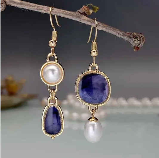 Pendientes de oro con piedra azul vintage y perlas