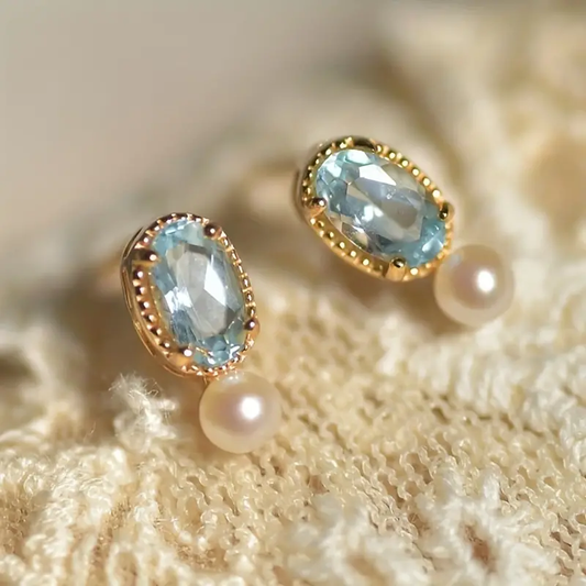 Pendientes vintage de cristal azul con perlas y oro